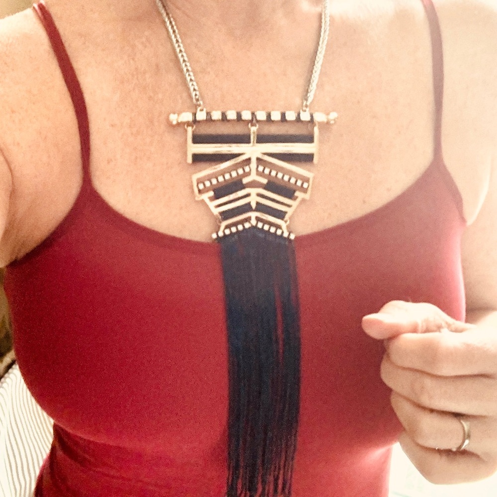 NORDSTROM statement necklace gold NAVY TASSELS silver rhinestones big bib long - Picture 2 of 9